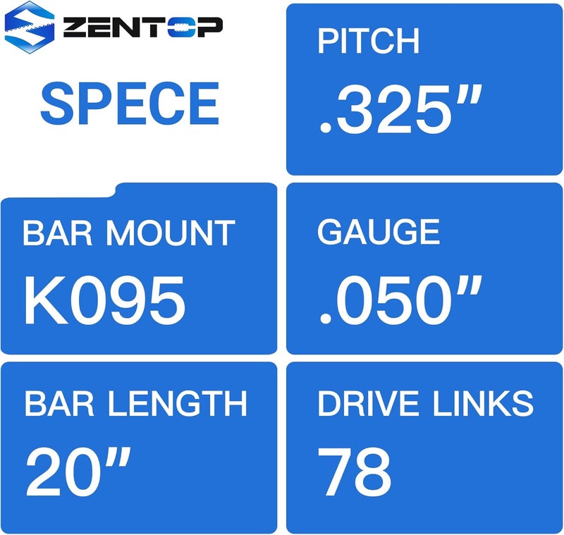 Zentop 20 Inch Chainsaw Bar and Chains, .050'' Gauge .325" Pitch 78DL Fits Echo CS-440, Husqvarna 450, Craftsman 358.35020/358.35021, Ryobi RY10518 and More - Image 2